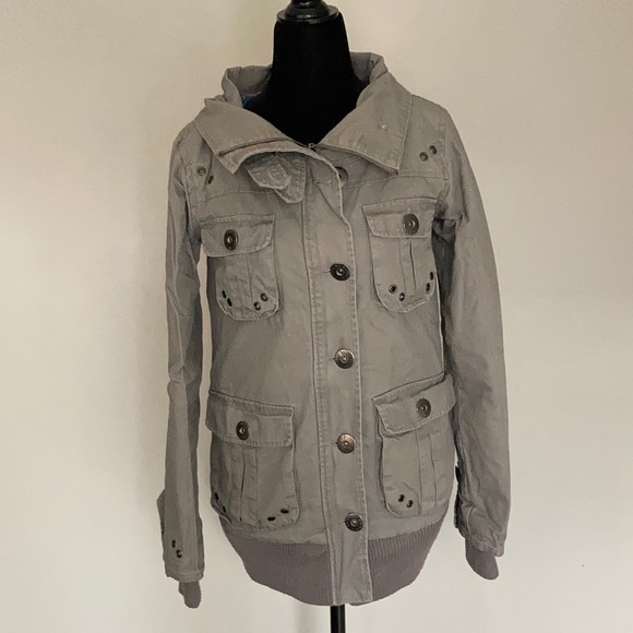 Hoi Polloi Bomber/Cargo Jacket Khaki-Gray Size 6 Small Sturdy Military Style - Picture 4 of 16